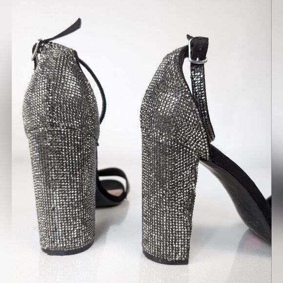 Steve Madden Carrson Sparkly Heels Black Rhinestone Block Sandals 10M - Picture 4 of 9